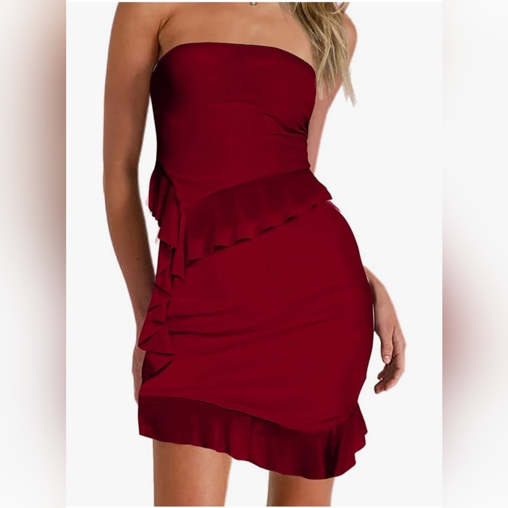 Womens Red Ruffle Hem Strapless Tube Top & Matching Skirt Medium